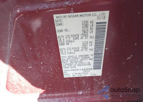 2018 Nissan Murano S z USA, uszkodzony, nr VIN 5N1AZ2MH9JN146998